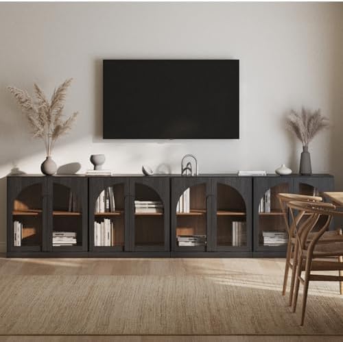 BELLEZE Bijou Set of 4 Wall-to-Wall Storage Cabinets (126" Wide) - Grand Sideboard Buffet System w/8 Arched Glass Doors - Massive Entertainment Center & Display Console for Living Room, Ebony by BELLEZE