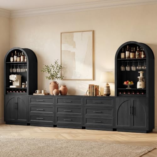 Fatmok Modular Entertainment Center & Coffee Bar with LED Lighting,Charging Station,Arched Wood Sideboard Buffet Cabinet,Modern Liquor&Wine Display Cabinet for Living Room,Black Grey(FEEEF,5-Piece) by Fatmok