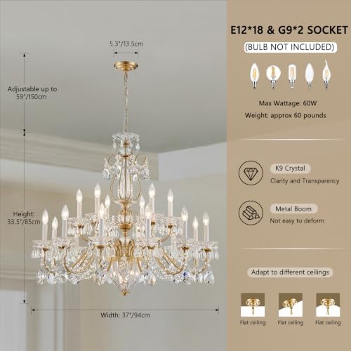 Vintage Maria Theresa Crystal Chandelier for Foyer, 18-Light Brass Large Candelabra Chandelier Pendant Light Fixture for Living Room Hallway Lobby Entrance Banquet Hall Dia 37" - Image 2
