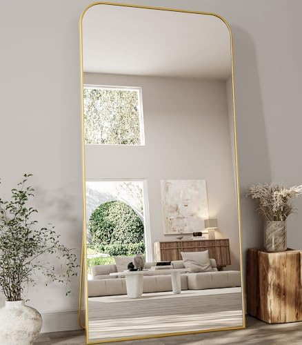 Koonmi Full Length Mirror, 80"x36" Mirror Full Length with Stand, Gold Domed Top Square-Edged Floor Mirror with Aluminum Alloy Frame for Bedroom Living Room by KOONMI