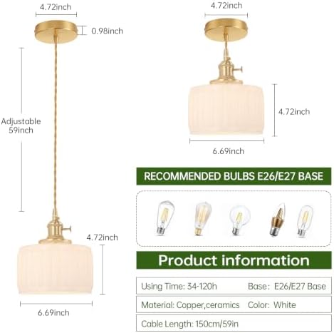Shenmoyl Battery Operated Pendant Light 5000mAh Rechargeable Chandelier with Remote Control Wireless Adjustable Hanging White Striped Light for Kitchen Island Dining Room Hallway, 2 Pack - Image 6