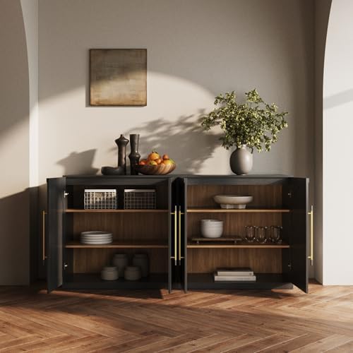 BELLEZE 65" Arched Sideboard with Glass Door, Accent Buffet Cabinet with Storage and Adjustable Shelves, Classic Modern Large Console Table for Dining Room Living Room Entryway (Ebony) - Image 5