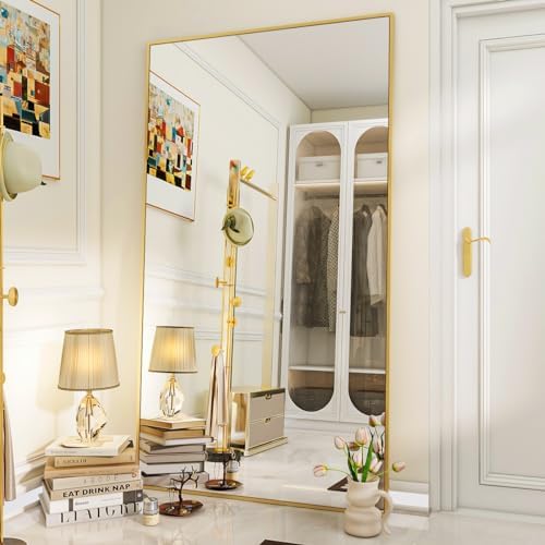 VooBang Oversized Full Length Mirror, 76" x 34" Floor Mirror with Stand, Aluminum Alloy Frame Full Body Mirror, Standing Hanging or Leaning Against Wall Bedroom Living Room, Gold - Image 2