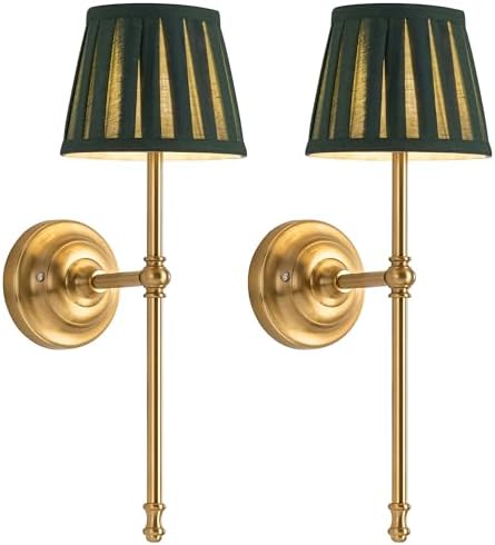 KDG Gold Cordless Wall Sconces Set of 2, Green Fabric LED Wall Lamps by KDG