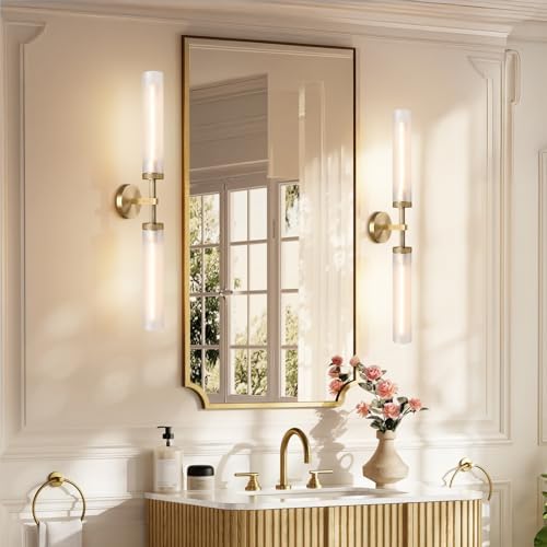 30" Knurled Brass 2 Light Wall Sconces, Long Hardwired Bathroom Vanity Light, Frosted Glass Tube Linear Modern Wall Light Fixtures, for Mirror, Bedroom, Living Room, Hallway - Image 3