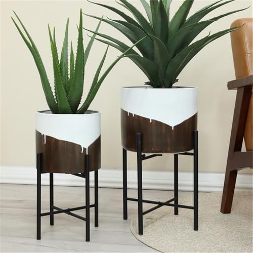 LuxenHome Large Planters with Black Metal Stand, White and Brown, Set of 2 - Image 4