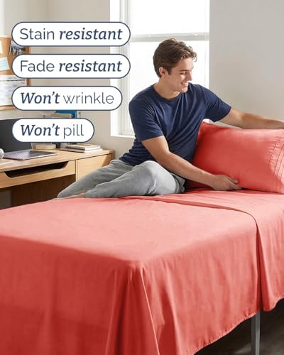 Twin XL 3 Piece Sheet Set - College Dorm Room Essentials - Coral - Image 5