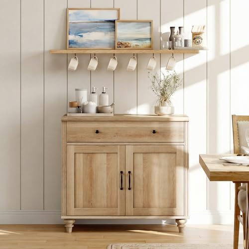 WAMPAT 34’‘ Oak Buffet Cabinet with Doors and Drawer, Wood Kitchen Storage Cabinet Modern Farmhouse Coffee Bar Table Sideboard Credenza for Dining Room by WAMPAT
