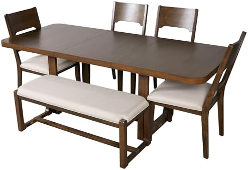 VilroCaz 6-Piece Acacia Wood Dining Table Set, Extendable Rectangular Dining Table with 4 Upholstered Dining Chairs& Bench, Reinforced Stretcher Base for Kitchen and Dining Room (Brown/Beige) - Image 5