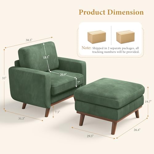 Vesgantti 38.5" Accent Chair with Movable Ottoman, Comfy Corduroy Armchair with Spring Cushion, Reading Chair with Ottoman, Modern Single Sofa for Living Room, Bedroom and Apartment, Green - Image 2