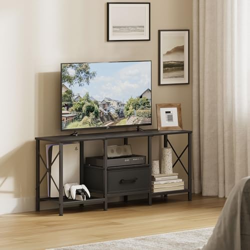 JARHETUN TV Stand with Fabric Drawer, Entertainment Center for 50 55 Inch TV, Industrial TV Console Table with Open Storage Shelves for Living Room, Bedroom, Black - Image 2