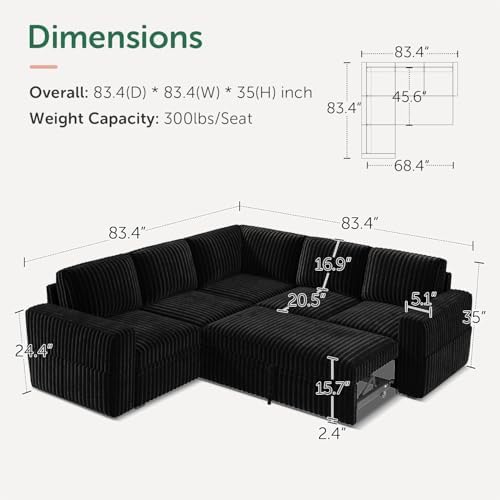 HONBAY Modular Sectional Sleeper Sofa with Pull Out Bed,Corduroy L Shaped Couch with Storage, Sectional Couches for Living Room,Black - Image 2
