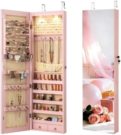 NAFORT 2 LEDs Jewelry Armoire with Full Length Mirror, Lockable Hanging Jewelry Organizer Cabinet with Categorical Storage, Wall or Door Mounted Jewelry Box with 2 Drawers for Cosmetic, Light Pink by NAFORT