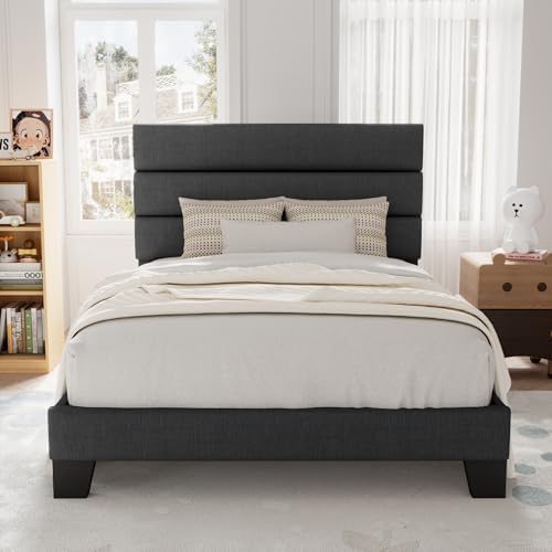 Allewie Twin Size Platform Bed Frame with Fabric Upholstered Headboard Gray by Allewie