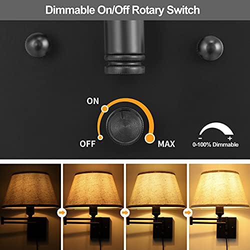 TRLIFE Dimmable Wall Sconce Plug in, Wall Sconces Set of Two Swing Arm Wall Lights with Plug in Cord and On/Off Dimmer Rotary Switch, 11.8" Large Beige Fabric Shade(2 Pack, 2 Bulbs Included) - Image 2