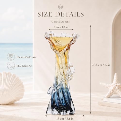 Blue Blown Glass Vase, Modern Art Hand Blown Coastal Vase,Beautiful Unique Ocean Wave Centerpieces for Living Room, Bedroom, Office Desktop,Coffee Table and Wedding Decorative (Amber, L) - Image 3