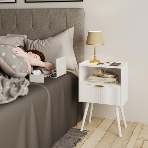 JOONEE White Nightstand,Modern Bedside Table with Storage Drawer and Open Wood Shelf, for Living Room, Bedroom and Small Spaces, Accent Night Stand with Solid Wood Legs, Easy Assembly,Classic White - Image 3