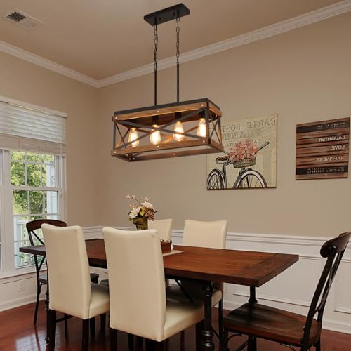 Rustic Farmhouse Wood Kitchen Island Lighting, 4 Lights Rectangular Pendant Light Fixture, Adjustable Chain Oak Wood and Metal Linear Chandelier for Dining Room Kitchen Island Farmhouse, Black - Image 3