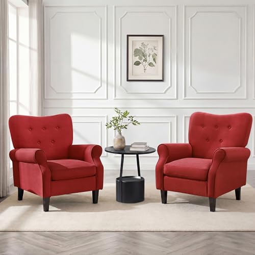 YOLENY Modern Accent Chair,High Back Armchair,Upholstered Fabric Button Single Sofa with Wooden Legs for Living Room,Bedroom,Club,Red - Image 2