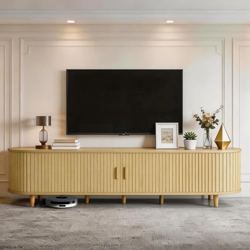 MXV 80" Mid-Century Modern TV Stand with Sliding Doors, TV Consoles with Power Outlet, Fluted Entertainment Center with Adjustable Shelves, for Living Room - Image 2