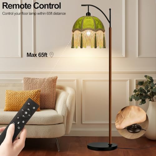 ILLMTW Fringe Floor Lamp for Living Room,Bedroom,Victorian Standing Lamp with Remote Dimmable,Green Mid Century Black Arc Tall Lamp Boho Vintage Retro Wood Tassel Flower Unique Lamp Tiffany Decor - Image 3