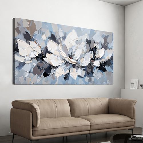 Canvas Wall Art Decor Modern White Wall Art for Living Room Abstract Canvas Art Wall Decor Flower Pictures Abstract Blue Wall Art Prints Artwork for Walls Bedroom Office Home Decor 20" X 40" by TQJYILUFAART