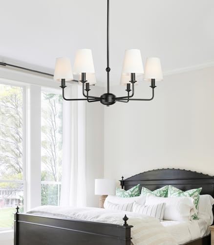6-Light Black Pendant Chandelier with Fabric Shades, E12 Base - Farmhouse & Industrial Style for Kitchen, Living Room, Dining Room, or Bedroom Lighting - Image 4