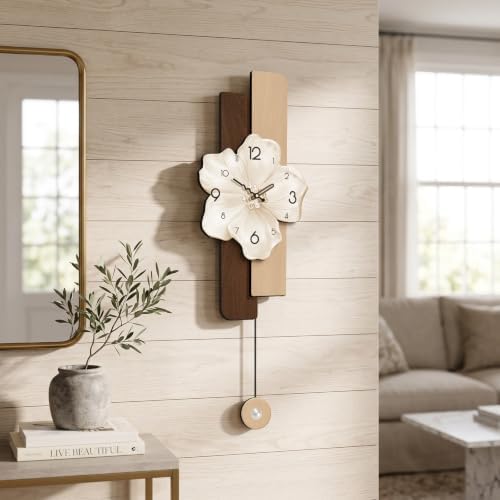 Flower Wall Clocks Battery Operated Decorative with Pendulum 9*24in,Beige by Janstime
