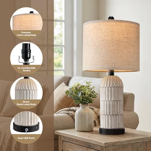 OYEARS 22.5" Bedside Table Lamps Set of 2, Farmhouse Table Lamp with USB A+C Charging Ports,Vintage Nightstand Lamp for Bedrooms and Living Rooms, Retro Resin End Table Lamp with Linen Shade, Black - Image 2