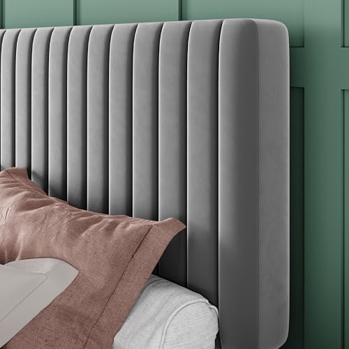 Allewie Full Bed Frame, Velvet Upholstered Platform Bed with Adjustable Vertical Channel Tufted Headboard, Mattress Foundation with Strong Wooden Slats, Box Spring Optional, Easy Assembly, Grey - Image 4