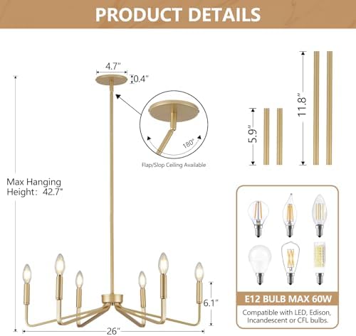 26 Inch 6-Light Gold Farmhouse Candle Chandelier for Dining Room - Image 6