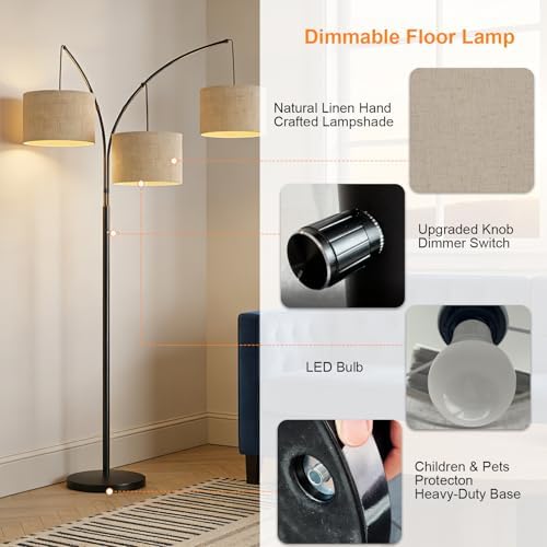 80 Inch Arc Living Room Floor Lamps with Remote Control,3-Light Lamp Shades - Image 5