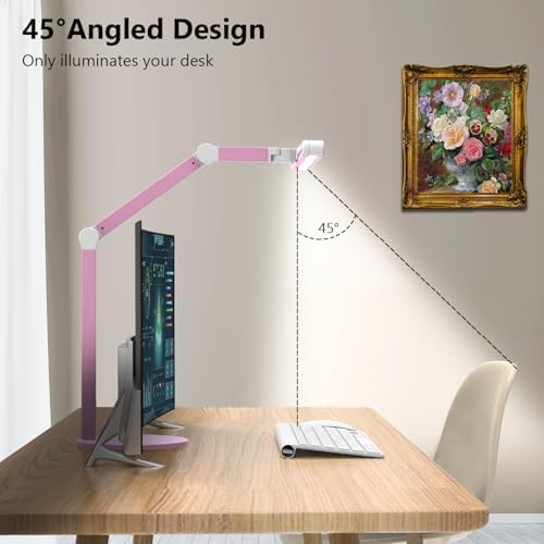 Micomlan Led Desk Lamp with Base, Adjustable Tall Architect Desk Light for Home Office with Flexible Swing Arm, 24W Pink Bright Table Lamp Auto Dimming Computer Light for Workbench - Image 4