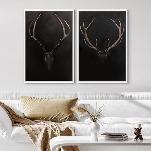 SIGNWIN Framed Canvas Print Wall Art Rustic Antler Skull Dark Dramatic Black Vintage-Inspired Deer and Elk Antlers Illustrations Decorative for Living Room, Bedroom, Office - 16"" x24 x2 White - Image 3