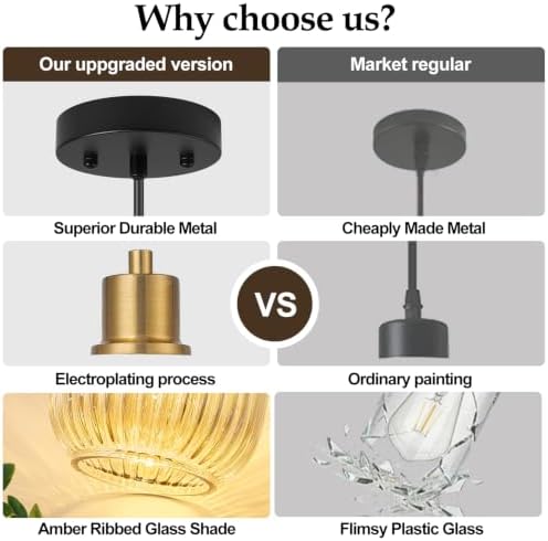 2 Pack Pendant Lights with Vintage Amber Ribbed Glass Lampshade, Adjustable Black and Gold Pendant Lights Fixtures for Kitchen Island Lighting Sink, Dining & Living Room Hallway (Bulbs Not Included) - Image 5
