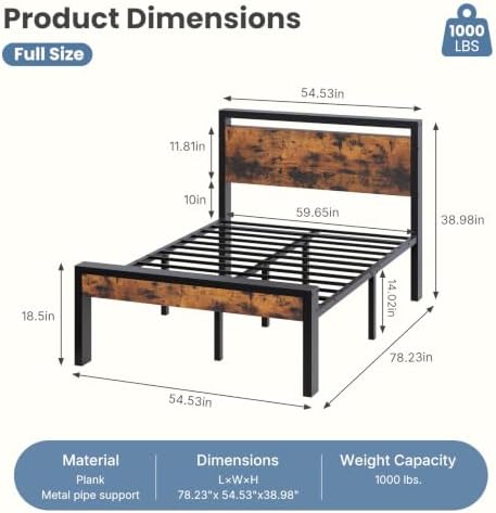 Sweetcrispy Full 14 Inch Bed Frame with Wood Headboard, Rustic Brown - Image 2