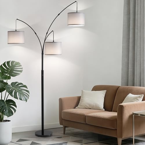 Floor lamp with Remote, 3 Light Arc Floor Lamps for Living Room, 2400LM Tall Standing Floor Lamps with Gray Shades, 80" Large Floor Lamp for Bedroom, Office - Image 3