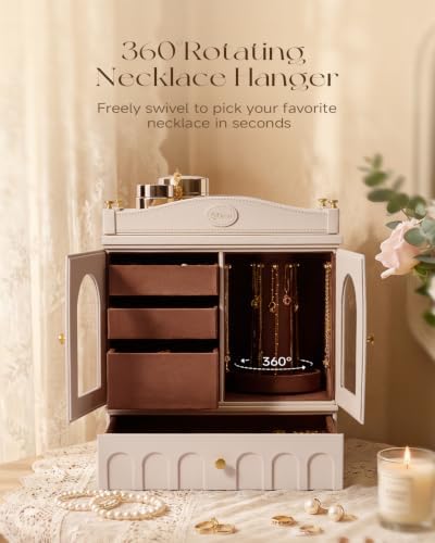 Jewelry Box Organizer, French Vintage Jewelry Organizer Box with 360° Rotating Necklace Hangers, 4 Drawers, Removable Tray Design, Jewelry Storage Display for Women, Off-White - Image 2