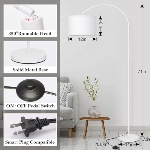 Arc Floor Lamp, White Standing Light with Adjustable Head and Pedal Switch - Image 2