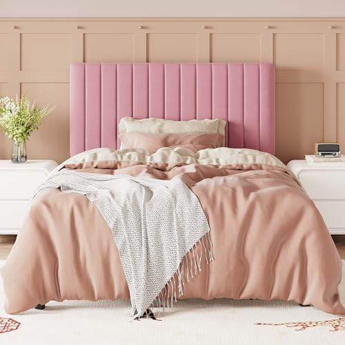 Allewie Twin Bed Frame, Velvet Upholstered Platform Bed with Adjustable Vertical Channel Tufted Headboard, Mattress Foundation with Strong Wooden Slats, Box Spring Optional, Easy Assembly, Pink - Image 3