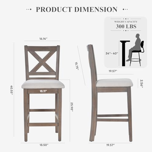 COLAMY Wooden Bar Stools Set of 2, Counter Height Bar Stools, Mid Century Modern Bar Stools with Backs, 25 Inch Upholstered Fabric Wooden Barstools for Kitchen Island Dining Room Bar, Light Brown Wash - Image 2