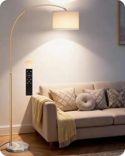 75" Dimmable Gold Arc Lamp with Marble Base, Adjustable Height, White Shade by GOEBLESON