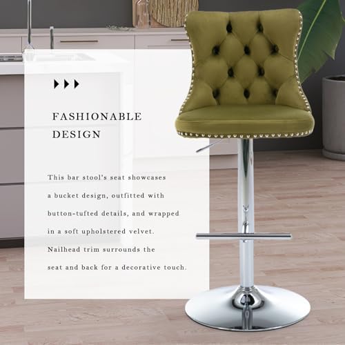 SoarFlash Velvet Bar Stool Set of 4, Adjustable Swivel Bar Stools with Silver Plated Metal Leg, Button Tufted, Footrest, Chrome Nailhead, Pub Chair for Kitchen, Bar, Dining Room (Olive Green) - Image 6