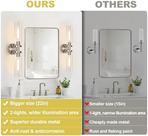 Wall Sconces Set of Two, Hardwired Brushed Nickel Bathroom Sconces Wall Lighting with Clear Glass, Modern Sconces Wall Decor Set of 2 Bathroom Light Fixtures for Mirror Hallway (Bulbs Not Included) - Image 2