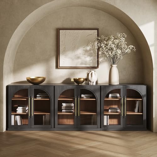 BELLEZE Set of 3 Modular Sideboard with Arched Glass Door, 97'' Accent Display Buffet Cabinet with Storage and Adjustable Shelves,Classic Modern Credenza for Living Room Kitchen Entryway (Ebony) by BELLEZE