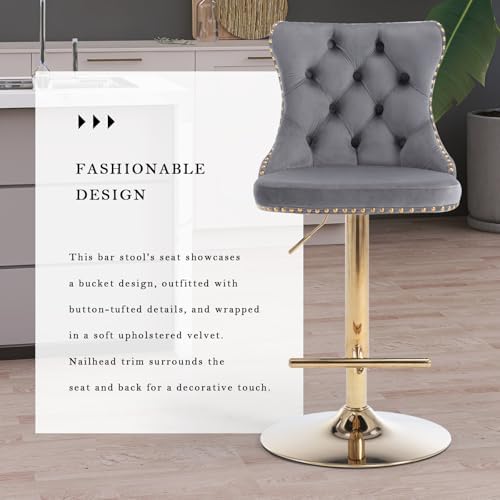 SoarFlash Velvet Bar Stool Set of 6, Adjustable Swivel Bar Stools with Gold Plated Metal Leg, Button Tufted, Footrest, Chrome Nailhead,Counter Height Chair for Kitchen, Bar, Dining Room (Grey) - Image 4