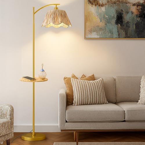 Oneach Floor Lamp with Table for Bedroom, Boho Standing Lamps with Foot Switch, Farmhouse Floor Lamp for Living Room, Arc Rattan Lamps with Gold Metal Base & Pole, Ideal for Home Décor by Oneach