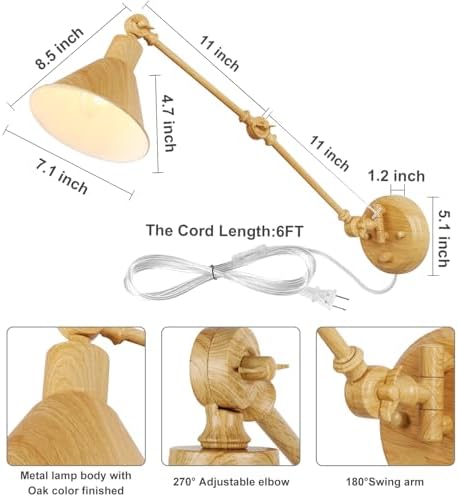 TRLIFE Wall Sconces Plug in, Dimmable Wall Sconces Set of 2 Swing Arm Wall Lights Plug in Wall Mounted Light Industrial Wall Lights with 6FT Plug in Cord, E26 Base, UL Listed(Oak Color) - Image 5