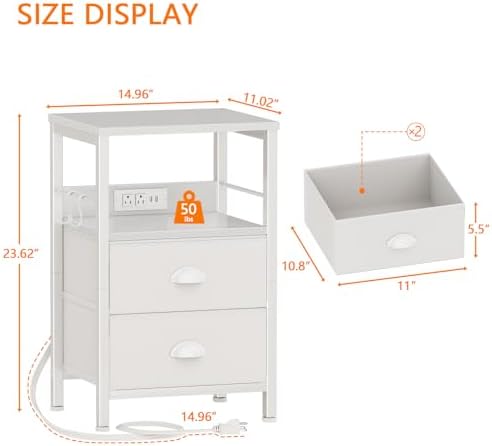 Furologee End Table with Charging Station, Nightstand with Fabric Drawers, Side Tables with USB Ports & Outlets, Night Stand with Storage Shelf & Hooks, for Living Room/Bedroom, White - Image 3