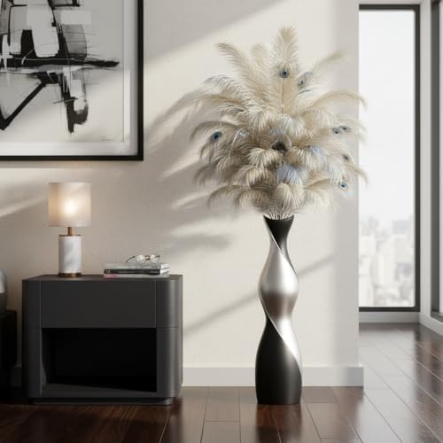 Matte Black & Silver Two-Tone Floor Vase, 24 Inch Modern Decorative Vase for Pampas Grass, Feathers, Dried Reeds, Contemporary Home Decor for Living Room, Office, Fireplace - Resin - Image 6